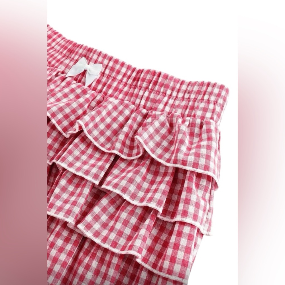 Gingham Elastic Waist Bow Knot Tiered Layer Ruffle Mini Skort Size 2XL NWT - Picture 4 of 5